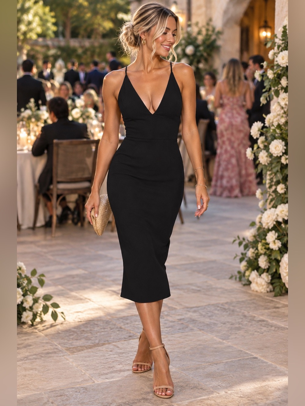 Dress the Population Black Spaghetti-Strap V-Neck Midi Dress